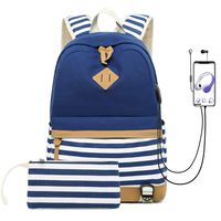 misognare Canvas Student Backpack Unisex College Bookbag Back Bag with USB Charging Port (Blue)