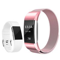 Replacement Bands Compatible for Fitbit Charge 2, Stainless Steel Metal Magnetic Strap and Extra Silicone Replacement Bands (Rose Pink + White Large)