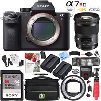 Sony a7R II Full-Frame Mirrorless Interchangeable Lens 42.4MP Camera Bundle with 50mm f/1.4 DG HSM Art Lens, Mount Converter, 64GB Memory Card, Dual Batteries and Accessories (13 Items)