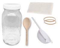 Kefir/Kombucha Kit/Fermentation Kit- 64 oz Wide Mouth Mason Jar -1 Leak Proof Storage Lid - HIC(4 Inch) Nylon Mesh Strainer-Cotton Cloth Cover and Wood Spoon-Just add SKOBY by Jarming Collections