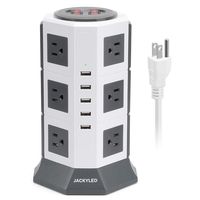 Surge Protector Power Strip Tower JACKYLED 12 AC Outlets 3000W 15A and 5 USB Slots 8A Desktop Smart Universal Charging Station Multiple Protection Heavy Duty 6.5ft 14 AWG Cord White and Gray