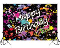 BackdropsOnline Splatter Happy Birthday Banner Backdrop for Pictures Colorful Neon Glow Painting Party Photo Booth Background Vinyl Photography Props 8x6ft