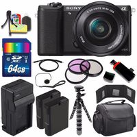 Sony Alpha a5100 Mirrorless Digital Camera with 16-50mm Lens (Black) + Battery + Charger + 64GB Bundle 6 - International Version (No Warranty)