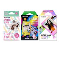 Fujifilm Instax Mini Instant Film 3-PACK BUNDLE SET , Stripe , Rainbow , Macaron , 20 Stickers for 90 8 70 7s 50s 25 300 Camera SP-1 Printer