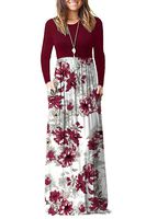 AUSELILY Women Long Sleeve Loose Plain Maxi Dresses Casual Long Dresses with Pockets (L, Red Flower White)