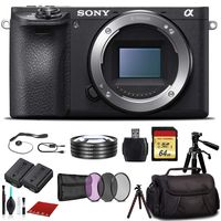 Sony Alpha a6500 Mirrorless Digital Camera (ILCE6500/B) with Bag, Tripod, Extra Battery, 64GB Memory Card, Memory Card Reader and More.