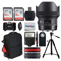 Sigma 14mm f/1.8 DG HSM Art Lens for Nikon F + DSLR Trolley Backpack + 57-inch Tripod + Flash + 64GB Memory Card + 16GB Memory Card + 24 Slot Memory Card HardCase + Wireless Remote + Top Accessory Kit