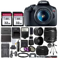 Canon EOS Rebel T7 Digital SLR Camera + EF-S 18-55mm f/3.5-5.6 is II Lens + 64GB Memory Card + 58mm Wide Angle & Telephoto Lens + DSLR Case + Tripod + Extra LP-E10 Battery and Charger + Slave Flash
