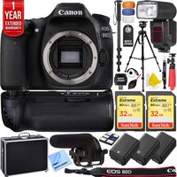 Canon 1263C004 EOS 80D 24.2 MP CMOS Digital SLR Camera Bundle with 2X 32GB Memory Card, 2X Battery, Flash, Microphone, 1 Year Extended Warranty and Accessories (15 Items)