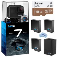 GoPro HERO7 Black - Waterproof Digital Action Camera with Touch Screen 4K HD Video 12MP Photos Live Streaming, Bundle with Dual Charger, 2 Extra Batteries + 128GB microSD Card + Cleaning Cloth