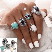 Hemlock 5pcs Rings Punk, Women Rhinestones Bohemia Rings Vintage Rings Knuckle Blue Rings Sets (Silver)