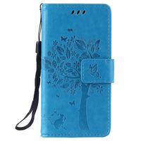 LG Leon 4G LTE H340N/C40 Case, C-Super Mall Embossed Tree Cat Butterfly Pattern PU Leather Wallet Stand Flip Case for LG Leon 4G LTE H340N/C40(blue)