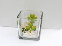 Green Shamrock Four Leaf Clover Hand Painted Stained Glass Square Candle Holder St Patrick's Day Decor