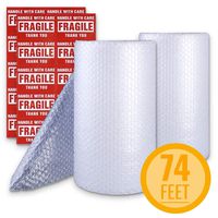 Bubble Cushioning Wrap Roll 2 Pack 3/16" Air Bubble 12 Inch x 74 Feet Total, Perforated Every 12 Inch with 30pcs Fragile Stickers Packing Supplies for Heavy-Duty Moving Shipping