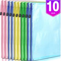 10 Pack A4 Zipper Pouch File Bag, LEOBRO Durable Plastic Envelope File Folder, Document Folder, for Document, Stationery, Toys, Travel Items, Cosmetics, in 5 Assorted Colors, 13.6" x 9.6"