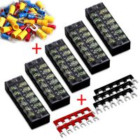 (46pcs) 5 Sets Terminal Block - 5pcs 6 Positions 600V 25A Dual Row Screw Terminals Strip with Cover+5pcs Pre-Insulated Barrier Jumper Strips Black & Red + 36pcs Spade Fork Wire Connectors by MILAPEAK