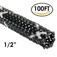 1/2" PET High Flame Retardant Expandable Braided Sleeving - Black w/White Tracer - 100FT