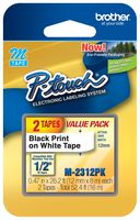 Brother Genuine P-Touch M-2312PK Tape, 2 Pack, 1/2" (0.47") Wide Standard Non-Laminated Tape, Black on White, Recommended for Home and Indoor Use, 0.47" x 26.2' (12mm x 8M), 2-Pack, M2312PK, M231