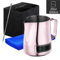 Stainless Steel Milk Frothing Pitcher With Integrated Thermometer, 20oz/600ml Milk Coffee Cappuccino Latte Art Frothing Pitcher Barista Milk Jug Cup, Measurements on Both Sides Include Art Pen & Cloth