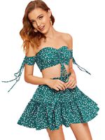 Floerns Women's Two Piece Outfit Off Shoulder Drawstring Crop Top and Skirt Set Green-Floral L