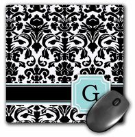 3dRose Letter G Personal Monogrammed Mint Blue Black and White Damask Pattern Classy Personalized Initial Mouse Pad (mp_154356_1)