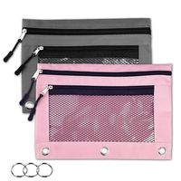 Binder Pencil Pouches,2 Pack 3 Ring Pencil Pouch with Zipper Puller-Pencil Case with Double Pocket and Mesh Window (Pink and Grey)