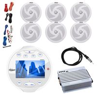 Lanzar AQR84W Round Aquatic Waterproof Marine Stereo in Dash Bluetooth Receiver - White, 4X Pyle PLMRS6B 6.5" 2 Way 240 Watts White Speakers, 4-Channel Amplifier, 8 Gauge Amp Install Kit, 40" Antenna