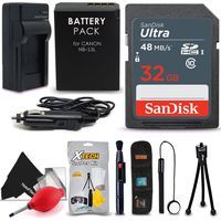 SanDisk 32GB Ultra SD Memory Card + NB-13L Battery/Charger + Xtech Starter Kit for Canon PowerShot G1 Mark III G5X G7X G9X G7 X Mark II G9X Mark II SX730 HS SX720 HS Digital Cameras