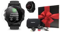 Garmin Fenix 5 Plus+ Sapphire (Black with Black Band) GPS Watch Gift Box Bundle | +Screen Protectors, PlayBetter USB Chargers & Protective Case | 2018 Model + Spotify | Black Gift Box, Red Bow