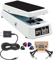 Dunlop 105Q Cry Baby Bass Wah Pedal Bundle with Blucoil Power Supply Slim AC/DC Adapter for 9 Volt DC 670mA, 22-Pack of Pedal Patch Cables, and 4-Pack of Celluloid Guitar Picks