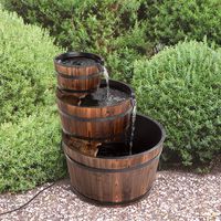 Worldrich 3 Tier Outdoor Garden Rustic Wood Barrel Waterfall Fountain with Pump