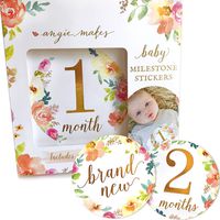 Baby Monthly Milestone Stickers. 16 Floral Belly Stickers for Girls 0-12 Months. Premium Gold Metallic Design. Perfect for Baby Shower Gifts, Registry, First Year Newborn Photography. Angie Makes