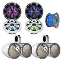 4x Kicker 6.5 Inch KM-Series LED Marine Boat Coaxial Speakers, 4x Kicker Marine Tower Enclosure White, Enrock Audio Marine Grade Spool of 50 Foot 16-Gauge Speaker Wire