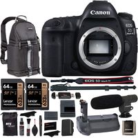 Canon EOS 5D Mark IV DSLR Camera Body + Vivitar Camera Grip + 64GB Memory Card + Microphone + LED Video Light + 72" Monopod + SLR Backpack Accessory Bundle