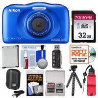 Nikon Coolpix W100 Wi-Fi Shock & Waterproof Digital Camera (Blue) with 32GB Card + Case + Battery + Flex Tripod + Floating Strap + Kit