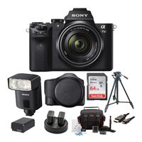 Sony Alpha a7II Mirrorless Digital Camera with 28-70mm Lens, External Flash, Cases, Tripod, Camera Bag, 64GB SD Card, Battery and Dual Charger, Lithium Ion Battery and HDMI Cable Bundle (9 items)