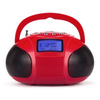Radio Speaker, Mini Bluetooth MP3 Stereo System Portable with Powerful Bluetooth Speaker- FM Alarm Clock Radio with Card Reader, USB and AUX in (Micro USB) Red Speakers (SE20)