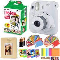 Fujifilm Instax Mini 9 Instant Camera (Smokey White) + Fuji Instax Mini Instant Film Twin Pack (20 Exposures), Cream Photo Album, 4AA Batteries, 120 Assorted Mini Stickers/Hanging Frames + More