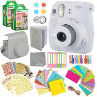 Fujifilm Instax Mini 9 Smokey White Instant Camera Kit - 40 Film Sheets, Carrying Case, Photo Album, Assorted Frames, Stickers and Accessories - Built-in Flash and Batteries Included