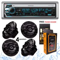 Kenwood KMR-D768BT Bluetooth Receiver + KFC-1653MRB 6.5" 2-Way Marine Speaker Boat-Yacht-ATV - 4 Speakers / 300W + Free Magnet Phone Holder