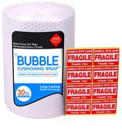 Bubble Cushioning Wrap Roll for Packing (3/16", 12" x 30 ft), Easy-to-Tear 12" Sheets, Plus Free 8 'Fragiile, Handle with Care' Stickers