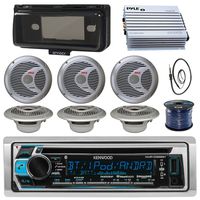Kenwood KMRD368BT Marine Boat Audio Bluetooth CD Player Receiver W/Protective Cover - Bundle Combo with 6X Silver 6.5'' 150W Waterproof Stereo Speakers + Enrock Antenna + 400W Amplifier + 50-FT Wire