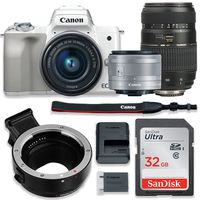 Canon EOS M50 Mirrorless Digital Camera (White) Bundle w/Canon EF-M 15-45mm is STM & Tamron 70-300mm Di LD Lenses + Auto (EF/EF-S to EF-M) Mount Adapter + Basic Camera Kit