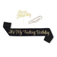 SMIRLY Happy Birthday Sash Birthday Accessories Its My Fing Birthday Sash with Funny Saying in Black and Gold Glitter Letters, Pin and Cake Topper - Adult Birthday Party Accessories for Men and Women
