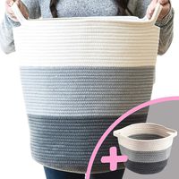 Little Hippo 2pc Large Cotton Rope Basket (18"x16") 100% Natural Cotton! Rope Basket, Woven Storage Basket, Large Basket, Blanket Basket Living Room, Toy Basket, Pillow Basket, Gray