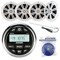Kicker KMC2 Marine Boat Yacht Gauge Style AM/FM Stereo Receiver Bundle Combo With 4x 6.5" Inch 300-Watt White Coaxial Audio Speakers + Enrock 45" Radio Antenna + 50 Feet 14g Speaker Wire