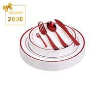 125pcs Disposable Plastic Plates and Cutlery Set/Party Tableware - Including 25 Red Trim Dinner Plates, 25 Salad or Dessert Plates & 25 Polished Red Forks Knives & Spoons - Bonus 25 Dessert Forks
