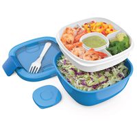 Bentgo Salad BPA-Free Lunch Container with Large 54-oz Salad Bowl, 3-Compartment Bento-Style Tray for Salad Toppings and Snacks, 3-oz Sauce Container for Dressings, and Built-In Reusable Fork (Blue)