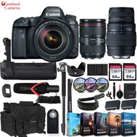 Canon EOS 6D Mark II DSLR Camera + EF 24-105mm f/4L is II USM & Sigma 70-300mm f/4-5.6 DG Macro Lens with Battery Grip + Canon Wrist Band & Exclusive Editing Software + Accessory Bundle
