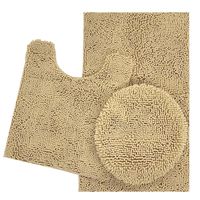 ITSOFT 3pc Non-Slip Shaggy Chenille Bathroom Mat Set, Includes U-Shaped Contour Toilet Mat, Bath Mat and Toilet Lid Cover, Machine Washable, Beige
